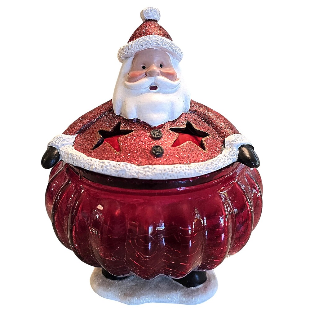 Kirkland's Crackled Red Glass Santa Jar‎ 5.75 x 7 1/2 Christmas Candy Dish